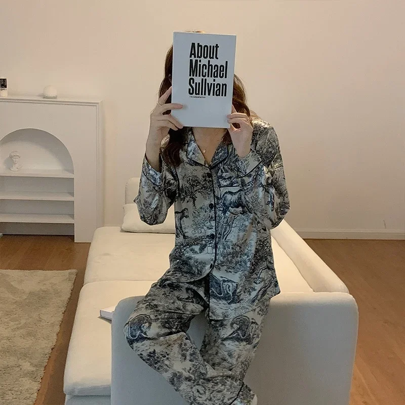 Ice Silk Pajamas Women's Spring Simple Ink Painting Shirts Trousers Two-piece Lapel Cardigan Women's Luxury Casual Home Wear