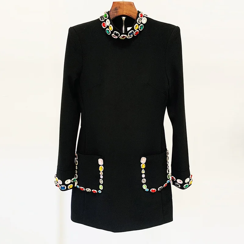 

2024 Spring Autumn New Arrival Rhinestone Beading Long Sleeve Stand Collar Women Casual Solid Mini Dress