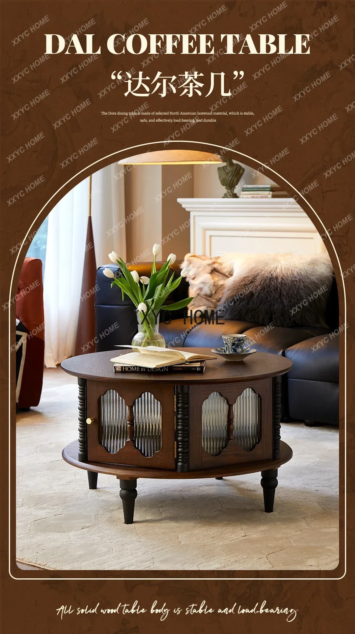 French Retro Solid Wood Coffee Table TV Cabinet Combination round Changhong Glass Tea Table