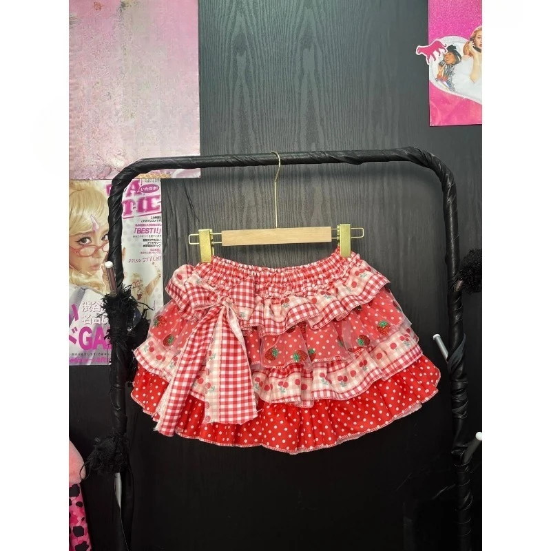 Japanese Kawaii Lolita Style Y2k Mini Skirt Women Sweet Strawberry Print Ruffle Punk Cake Skirt Girl Cute Bow Skirt Faldas Mujer - Image 2