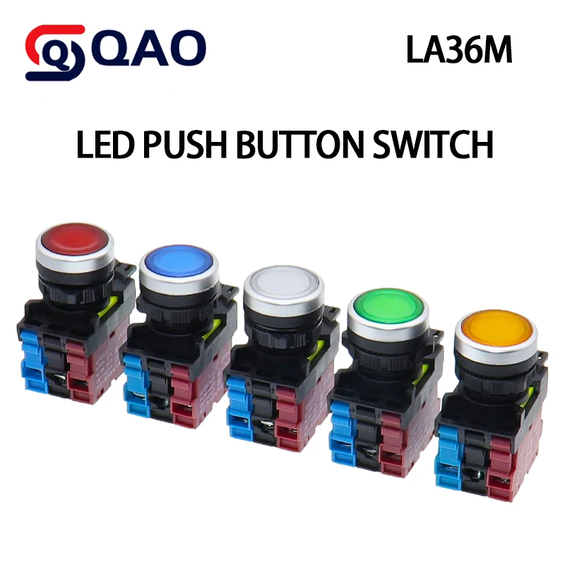 22mm LA36M Plastic Switch With LED LA36M Plane Momentary Push Button Power Self-Locking Start 1NO/1NC illuminated Electrical
