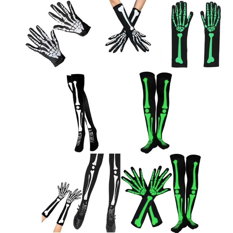 Cosplay Gloves Glowing Skeleton Stocking Set For Halloween Party