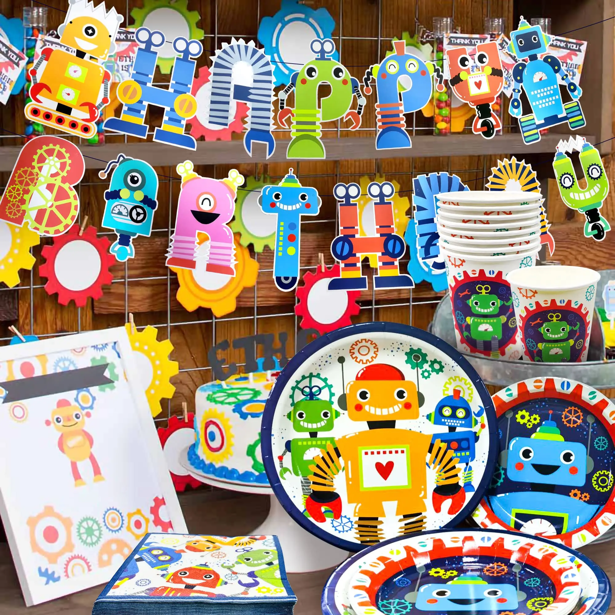 

Robot birthday party disposable cutlery plates cup napkin balloons decorated baby shower supplies