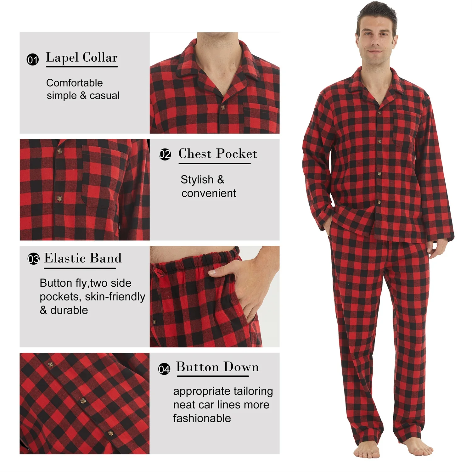Mens Flannel Pajamas Set Cotton Plaid Pjs Button Down Warm Soft Lounge Sleepwear