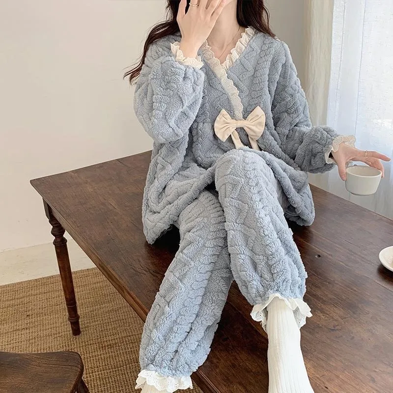 Winter Pajamas Women's New Japanese Pullovers Sleepwear Cute Popular Thick Loungewear Soft Plush Warm Home Clothes Two-piece Set