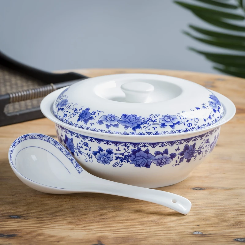 

Керамическая большая суповая кастрюля Jingdezhen, китайская бытовая Высококачественная емкость из костяного фарфора с крышкой, кастрюля для еды, столовая посуда, Овощная