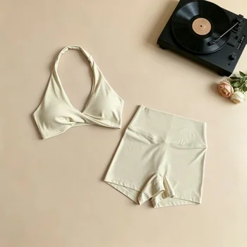 Hot Girl Halter Deep V Backless Sports Bra Set High Waist Anti‑Roll Shorts Women Breathable Yoga Pilates Gym Workout Outfit