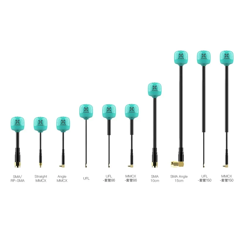 Vue d'ensemble de l'antenne FPV RHCP MMCX, montrant le connecteur miniature et le câble noir.