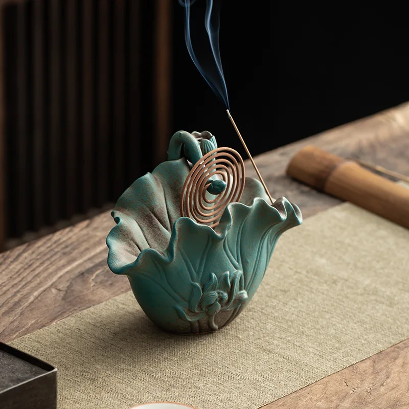 0028 Handmade Ceramic Lotus Leaf Incense Burner Creative Incense Sandalwood Household Indoor Burner Room Decorations