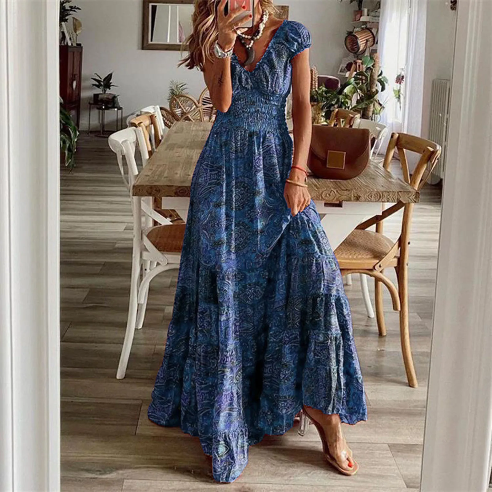 

Women Elegant Party Dress Short Sleeve Flower Sexy A Line Dress Boho Casual Maxi Dress Vintage Sundress Robe Mujer vestido