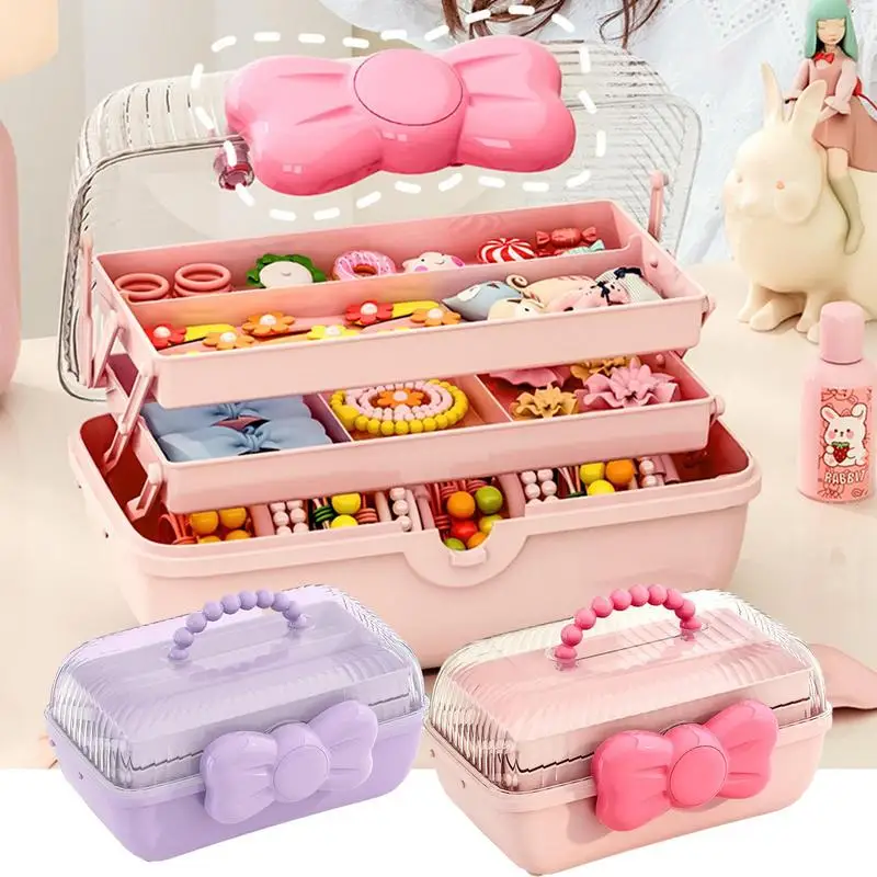 

3-Layer Bow And Hair Accessories Box Cute Children's Multipurpose Hairpin And Jewelry Makeup Sewing Supplies Box With Handle