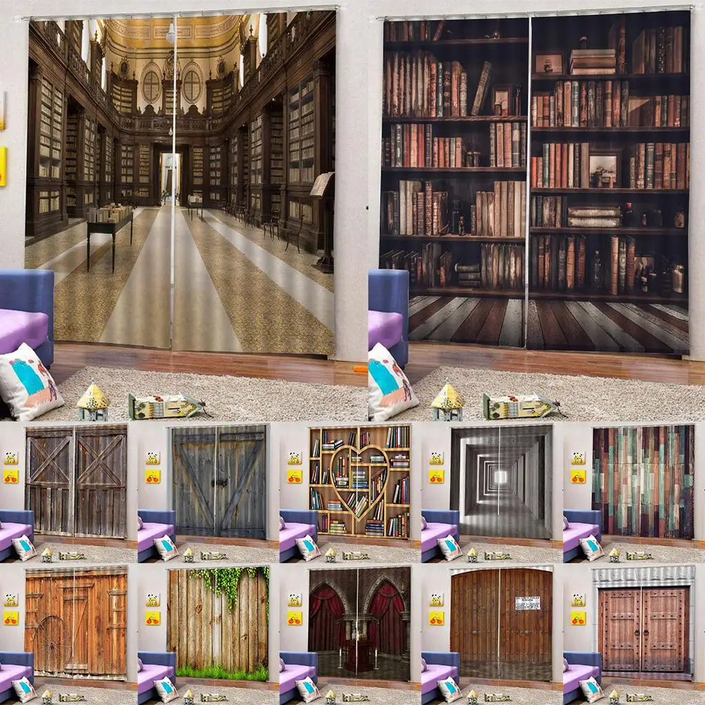 3D Photo Print Window Curtains Kids Bedroom Wood Door Picture Artwork 2 Panels