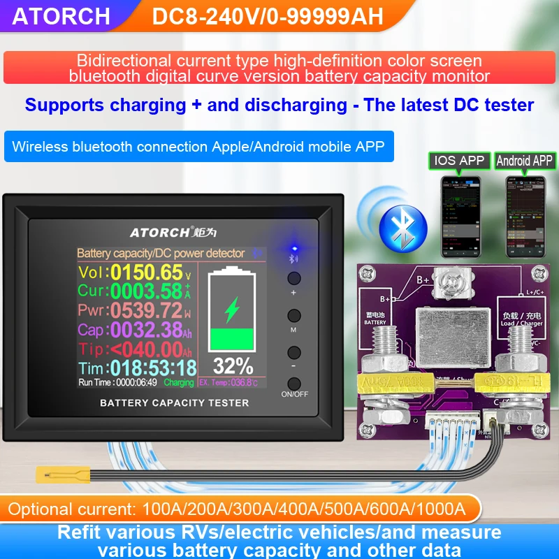 

DC 8-240V 100A 200A 300A 400A 500A 600A 1000A Battery Tester Voltage Current RVS Meter Battery Coulomb Capacity Indicator