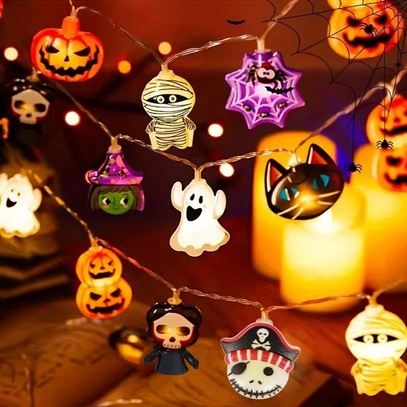 Halloween LED String Lights with Pumpkin, Ghost, and Spider Web Decorations for Indoor and Outdoor Use