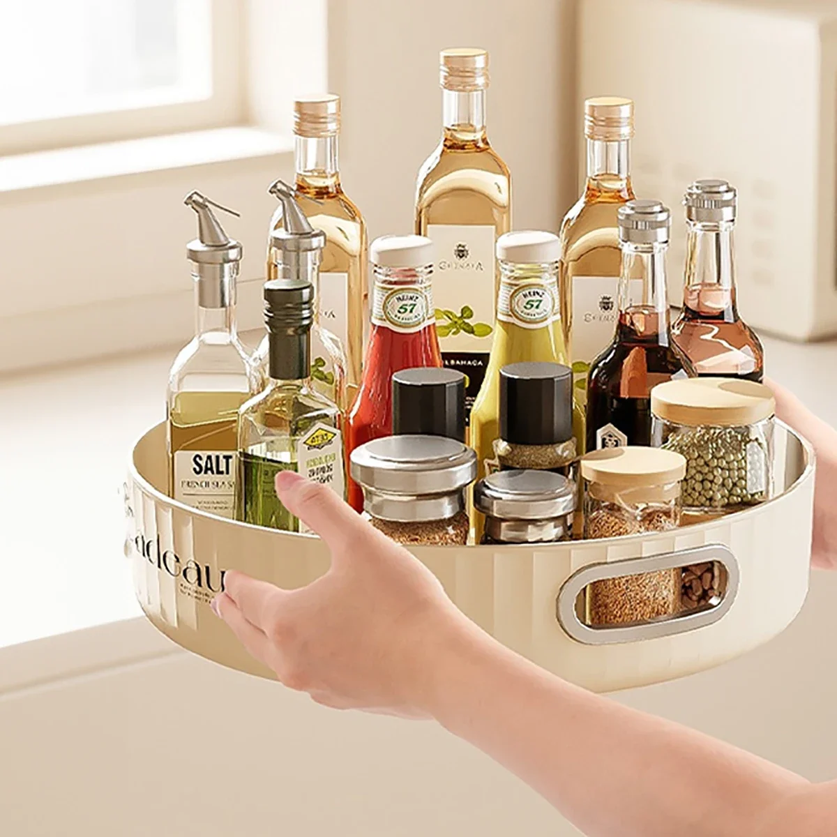 360°Rotating Kitchen Spice Rack Seasoning Bottle Household Fruit Tray Organizer Creative Storage Tray Kitchen Tool Home Supplies