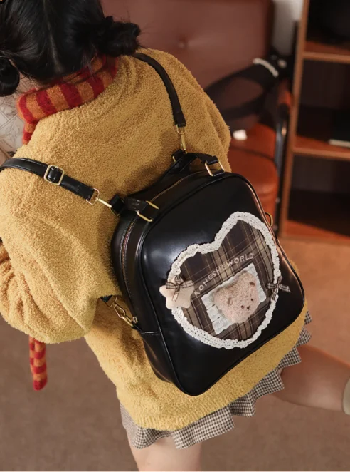 JIAERDI College Style Lolita Coffee Backpack Women Sweet Cute Lace Bear Large Capacity Schoolbag Student Y2k Backpacks Female