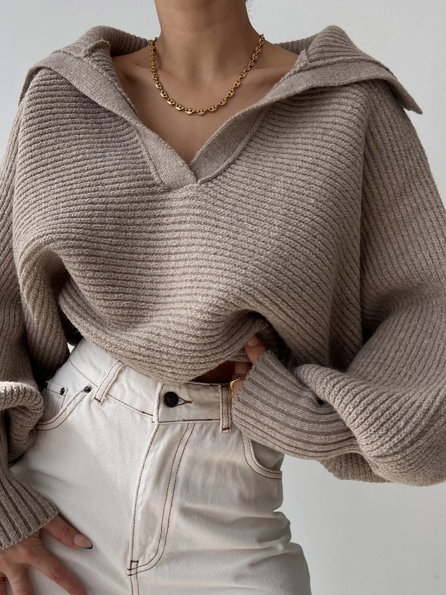 

Women'S Loose Knit Sweater Long Sleeved Pullover Spring Autumn Lapel Casual Pullover Street Wear Loose Simple Sweater Top