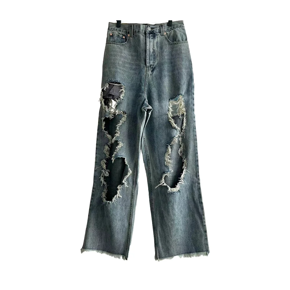 NIGO Blue Ripped Plaid Jeans #nigo2499