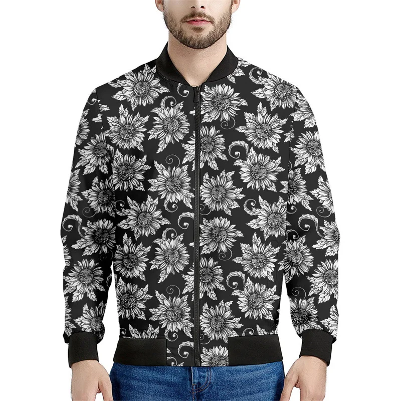 thumbnail image 1 of Chaqueta con estampado de girasol en blanco y negro para hombre, sudaderas con estampado floral en 3D, chaquetas de calle de manga larga con cremallera de gran tamaño, abrigos, 1 of 4
