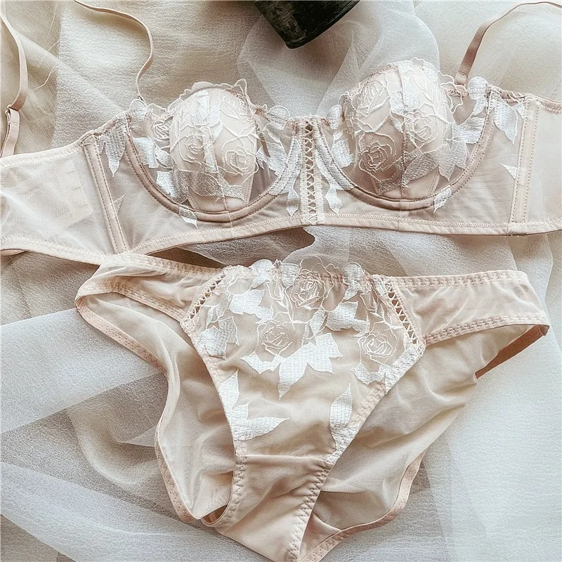 Girls sexy lace lingerie embroidery mesh cotton pads bralette panty gathered bra soft steel ring underwear set