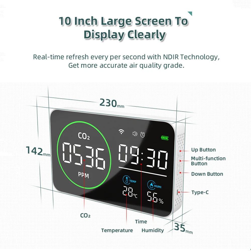 PV1000-DW 스마트 와이파이 이산화탄소 감지기, 실내 공기질 모니터, 휴대용 CO2 온도 습도 계량기, 4 in 1