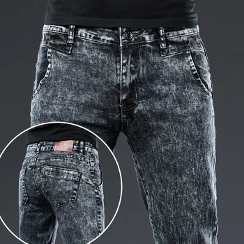 2024 Classic Korean Fashion Street Trendy Men Skinny Retro Snowflake Design Slim Fit Denim Pants New Elastic Cotton Men Jeans 1