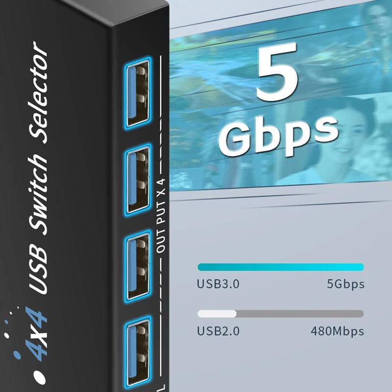 USB 3.0/2.0 Switch KM Selector 4 Computer Laptop PC Host Sharing 4 USB Devices KVM Switcher Box Share Printer Mouse Keyboard 2