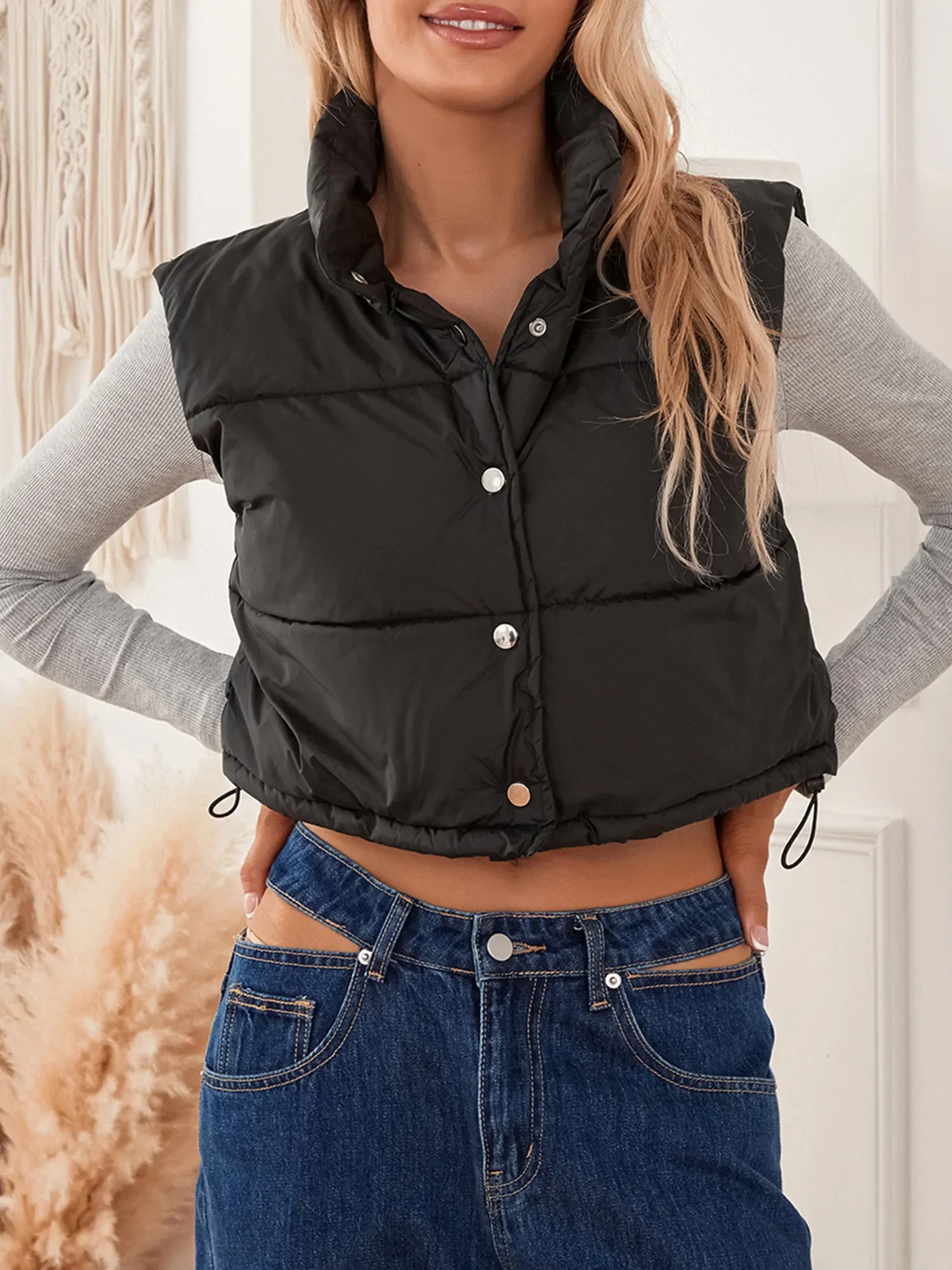 

Women’s Quilted Puffer Vests Winter Warm Outwear Casual Sleeveless Button Down Cropped Gilet Padded Coats Waistcoats