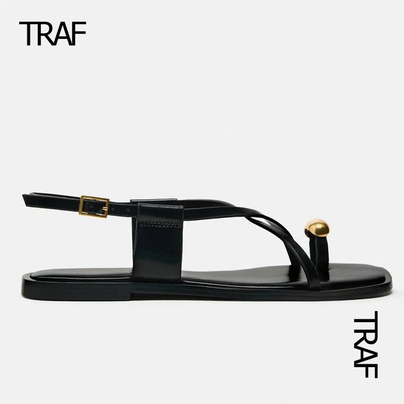 TRAF Black Metal Flat Sandals Woman Summer 2024 Flat Sandals Leather Flat Slider Sandals With Thin Straps Women's Flip flops