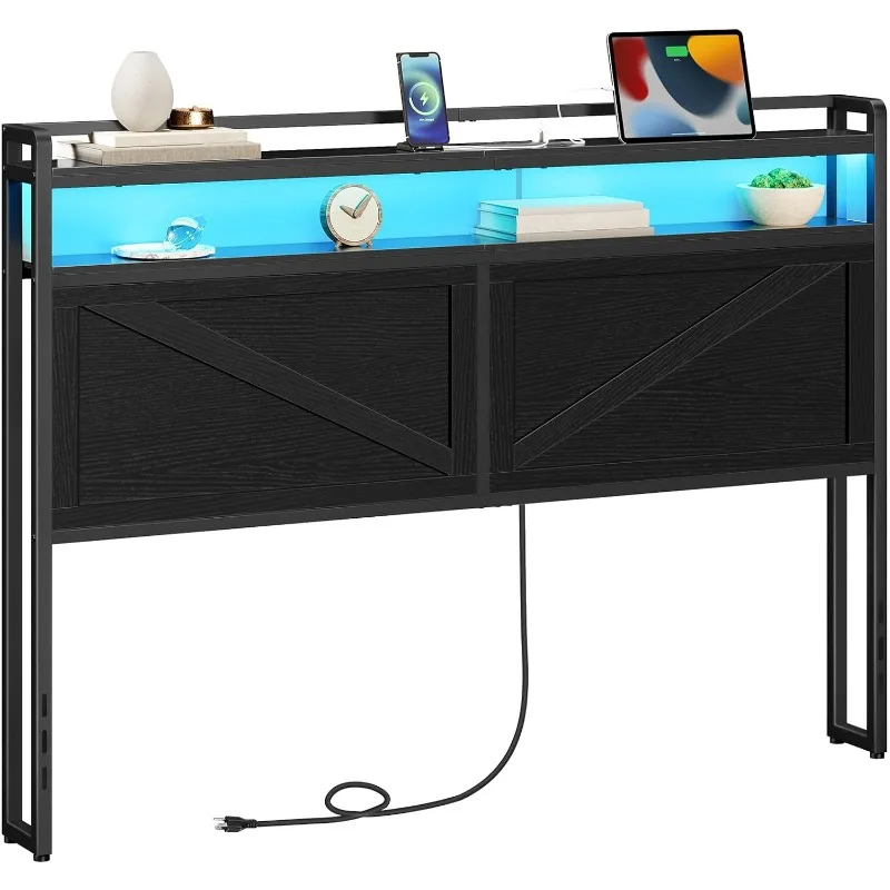 HOOBRO Queen Size Headboard, Headboard with Charging Station and LED Light Strip, 2-Tier Storage Headboard with Outlets and USB
