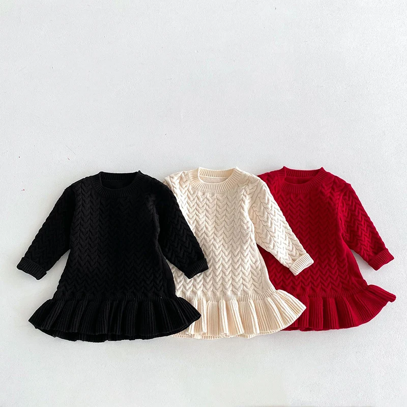 Autumn 1-6Yrs Baby Girls Long Sleeved Solid Color Knitting Dress Kids Princess Dresses Children Knitted Clothes