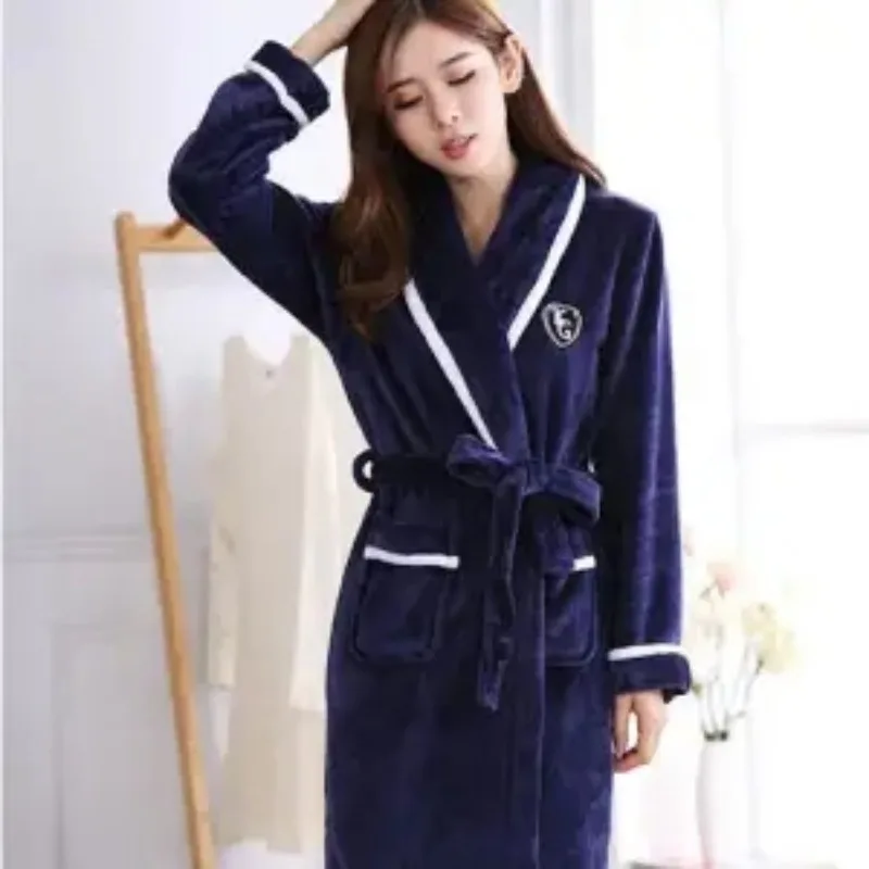 2024 New Autumn Winter Flannel Bathrobe Thickened Couple Women's Nightgown Long Sleeve Bathrobe Homewear Long Length Robe