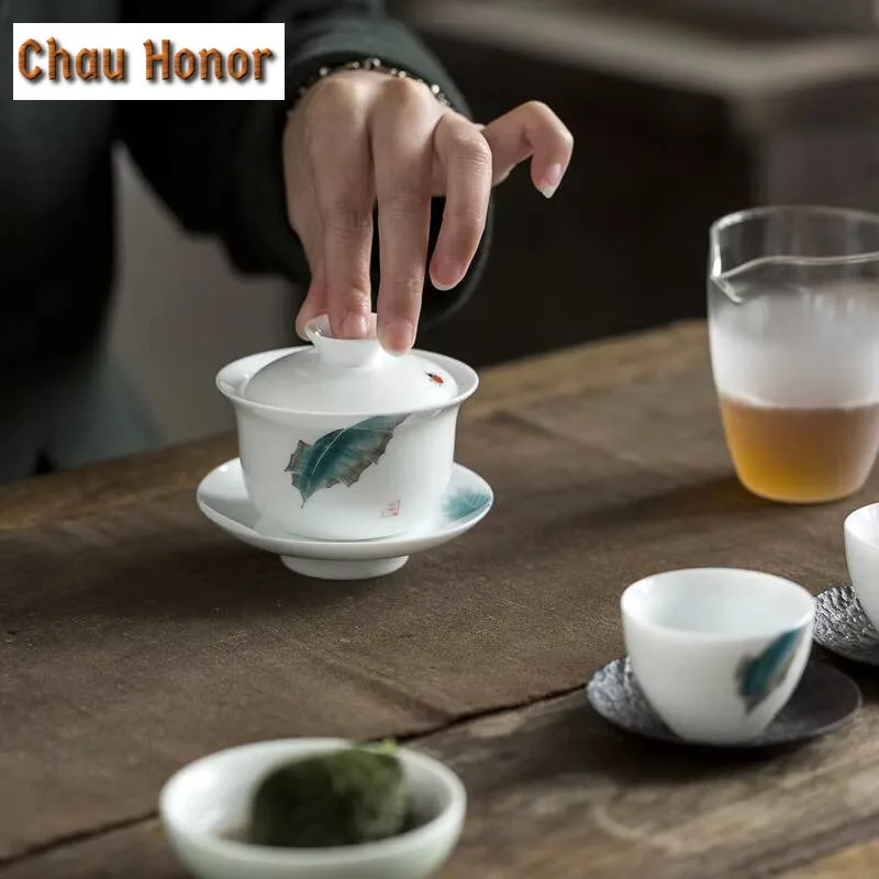 140ml Hand-painted Sancai Covered Bowl Tea Cup Ceramic  Kung Fu Tea Set Household Tea Making Bowl Tea Ceremony Customized Gift