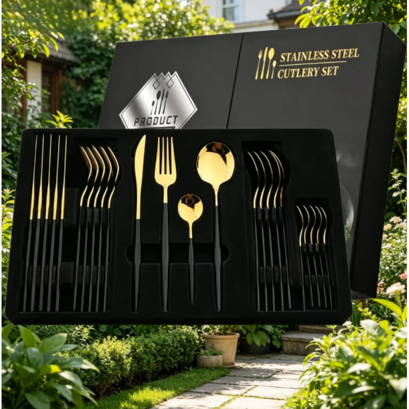 24Pcs 스테인레스 스틸 칼 세트 블랙 핸들 황금 식기류 나이프 포크 스푼 주방 식기 선물 세트