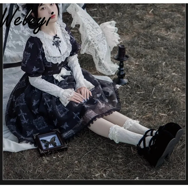 

Sweet Women's Lolita Dress 2024 Four Seasons Japanese Diagram Embroidered OP Print Natural Puff Detachable Sleeve Party Dresses