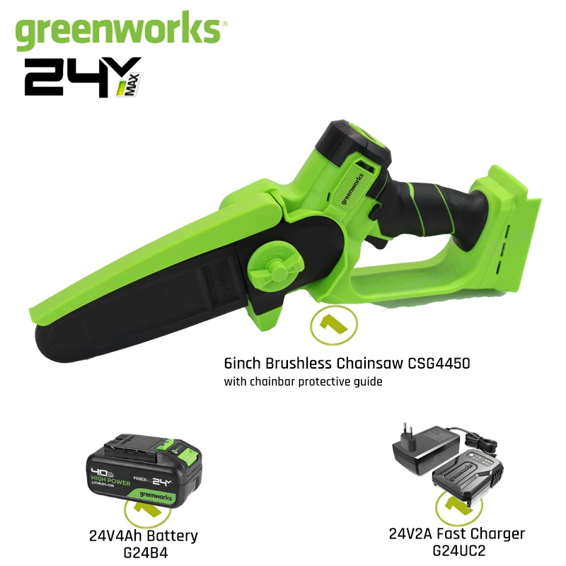Greenworks Mini-Kettensäge, 24 V, 6 Zoll, bürstenloser Motor, kleine Akku-Handsäge mit 4,0 Ah Akku und Ladegerät, werkzeuglose Spannung – Detail 3