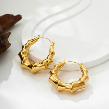 Vintage Golden Color Stainless Steel Bamboo Hoop Earrings for Women Thick Knot Ear Buckle Statement Punk Jewelry Gifts