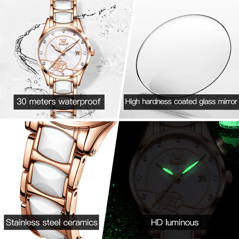 OLEVS Original Quartz Watch Women Japan Movement Waterproof Watch Camellia Design Elegant Ceramics Ladies Dress Wristwatch Gift