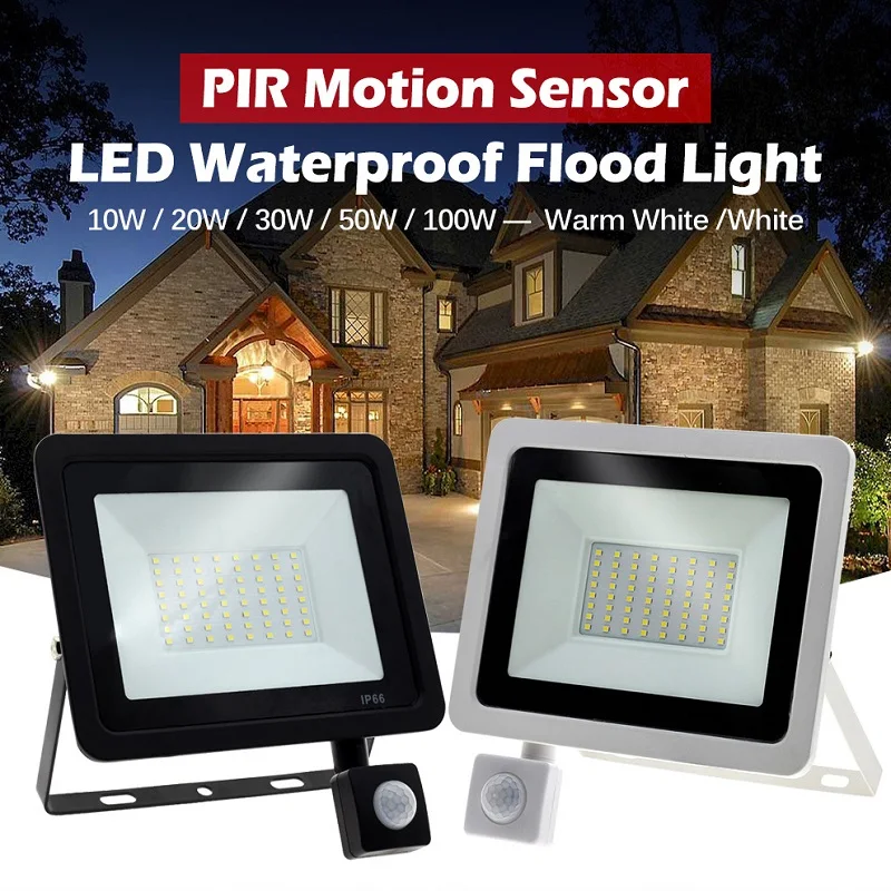 LED Security PIR Floodlight 10W 30W 50W 100W Sensor Cool Warm White Outdoor Lamp 