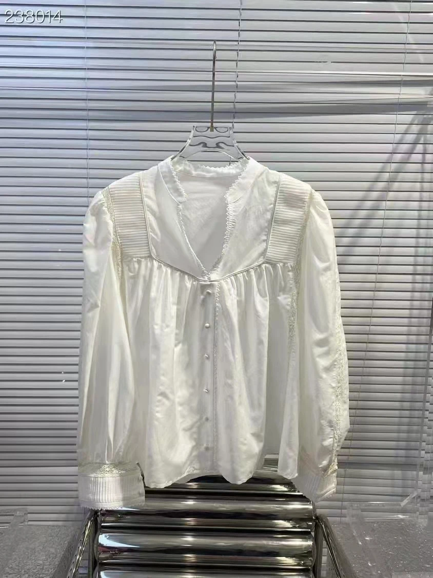 

2023 New fashion good quality runway French retro romantic simple V-neck long sleeve top