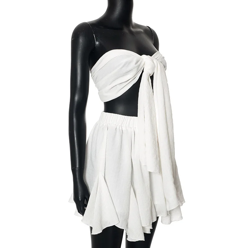 Chiffon Strapless Ruffled Edge Short Skirt Set For Summer New Women Vacation Light Luxury Designer White Black Wave Short Skirt