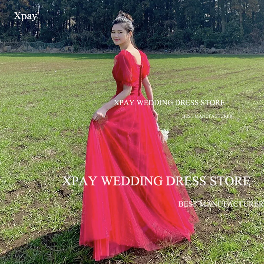 

XPAY Red Square Neck Korea Evening Dresses Short Puff Sleeve Prom Gown Elegant Photos Shoot Floor Length Formal Party Dress