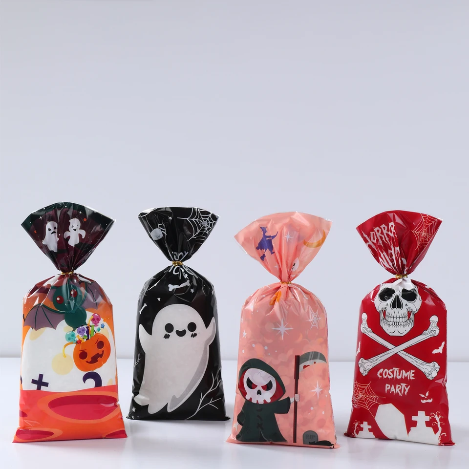 50Pcs Halloween Goodie Bags Pumpkin Ghost Treat Candy Bags Ear Tie Cookies Bags Gift Bags For Party Favor(Purple