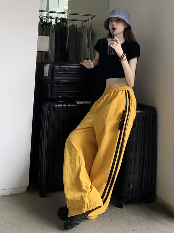 

American striped sports quick-drying pants for women thin loose wide-leg casual jazz hip-hop Korean style overalls hiphop pants