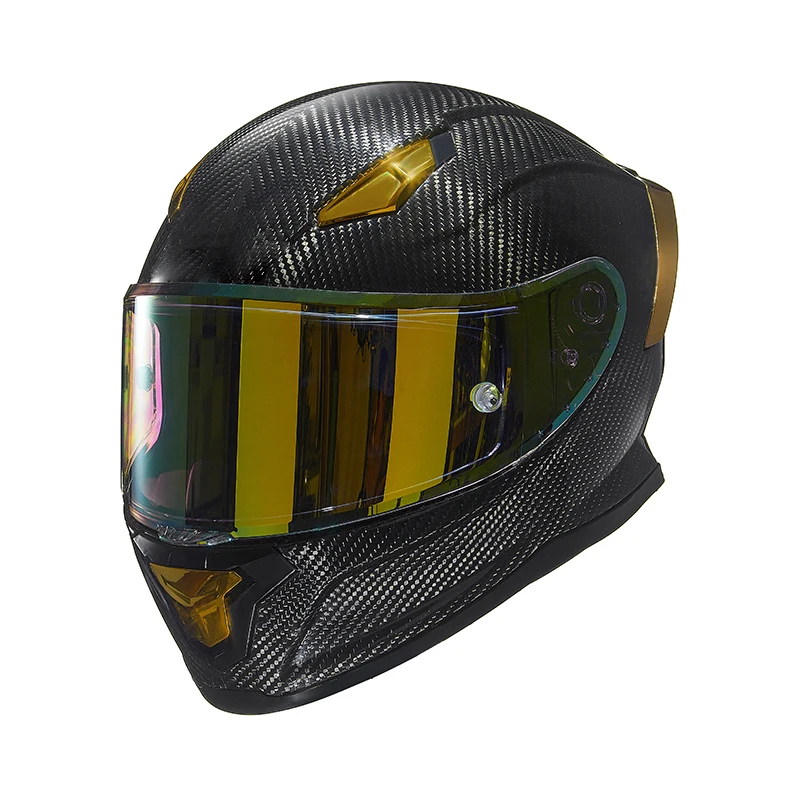 Unisex3KBlackCarbonFiberMotorcycleHelmetGoldVisorFourSeasons