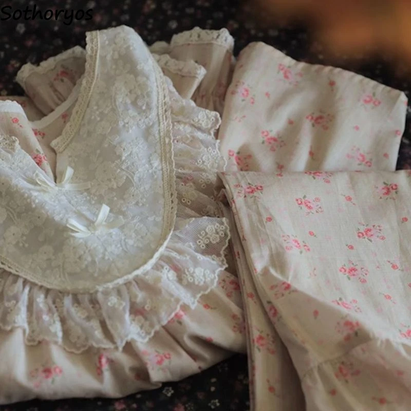 

Пижамный комплект женский с длинным рукавом, кружевная Милая Ночная рубашка с оборками и цветочным рисунком, милая сорочка для девушек, кавайная модная весенняя одежда