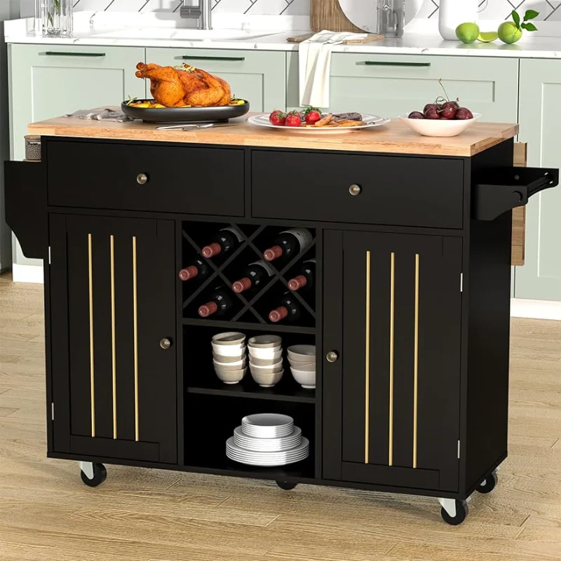 

Fingertip WD Kitchen Island with Drop Leaf - Large Storage Cabinet on Wheels, Kitchen Cart with Wine Rack and Spice Rack, Kitche