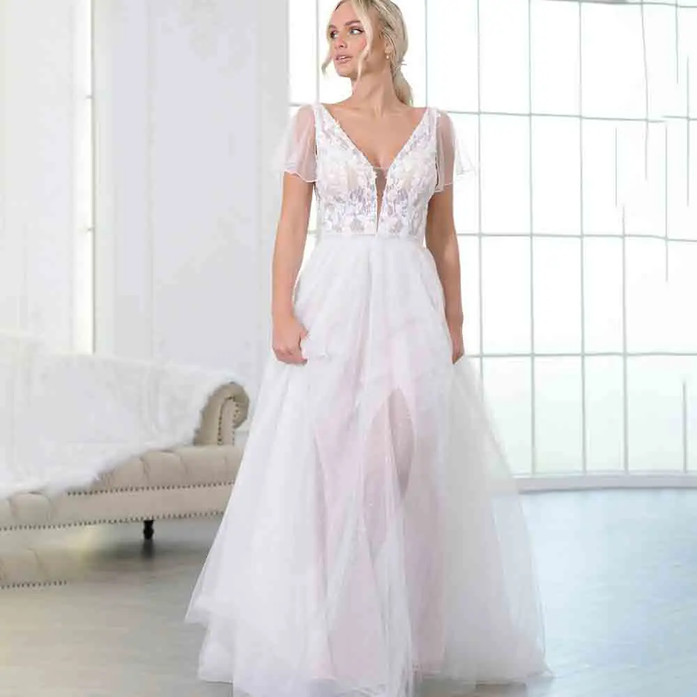 

Spaghetti Straps V-neck Appliqeus Lace Tulle A-line Wedding Dress for Women Backless Court Bridal Wedding Gown vestidos de novia