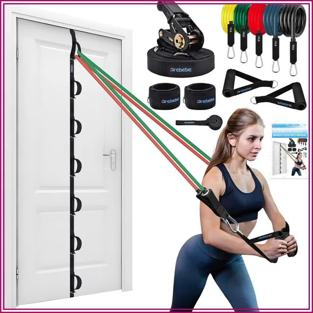 Upgrade Door Anchor Strap for Resistance Bands Exercise, Multi Points Anchor Straps with 7 Loops + 7 D Rings, Ratchet Adjust Tighten Straps Not Loose, Sturdy