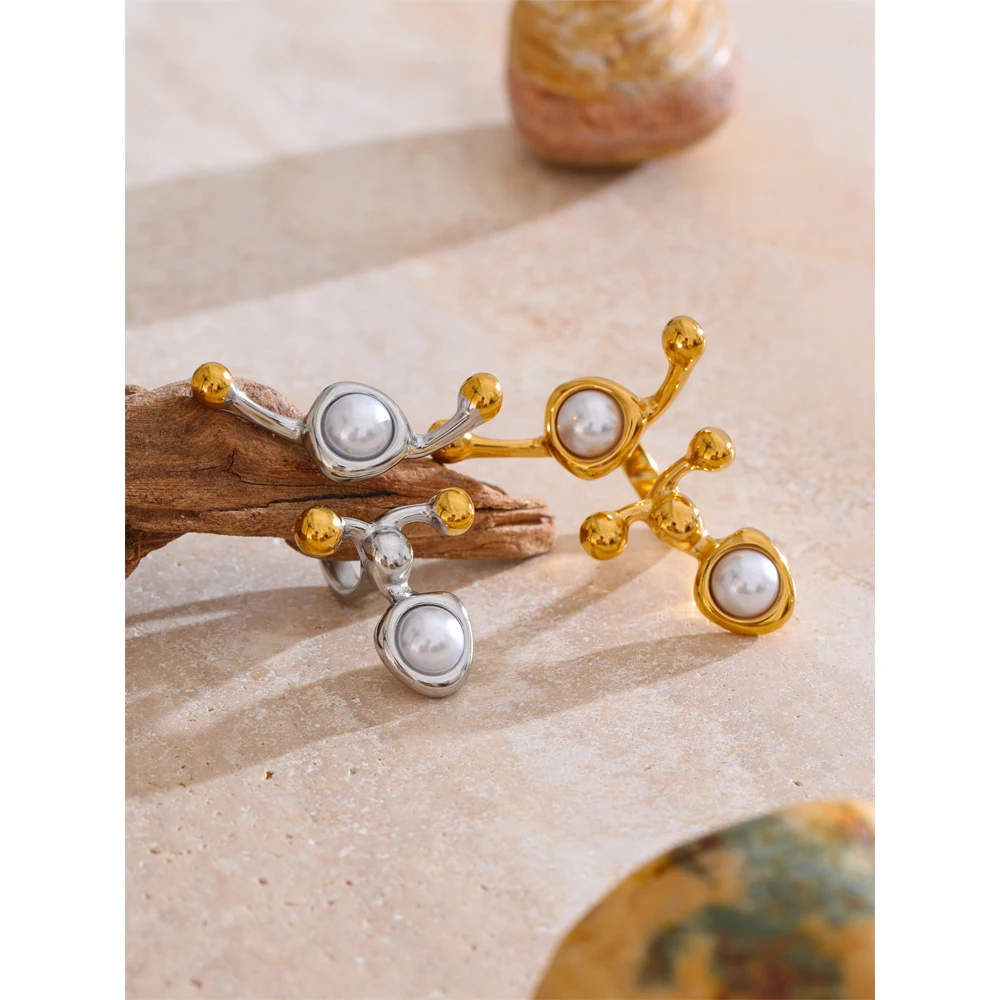 Yhpup Ring Design Pearls Geometric Adjustable